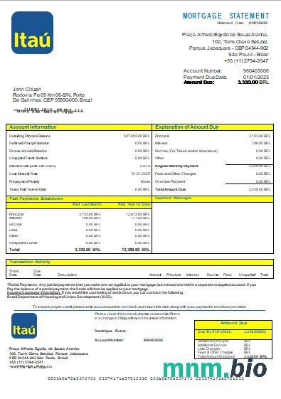 Brazylia Bank Itau wyciąg z kredytu hipotecznego szablon Word i PDF